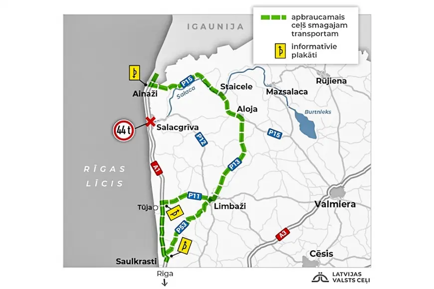 Smagajam transportam virs 44 t pagaidu tilts pār Salacu slēgts