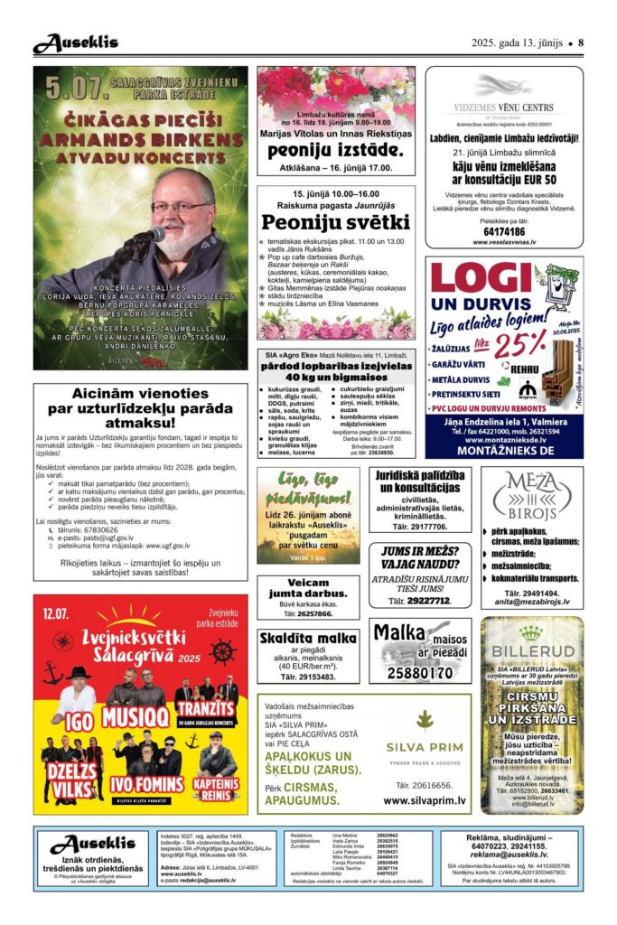 Sludinājumu lappuse laikrakstā «Auseklis» — 2025. gada 13. jūnija numurs