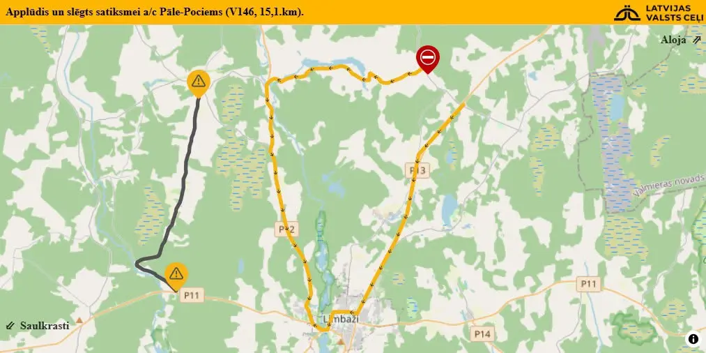 Applūdis un slēgts autoceļš «Pāle–Pociems» (V146, 15,1. km)