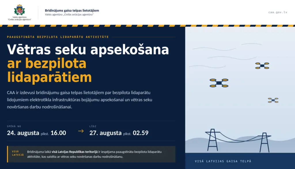 Brīdinājums par vētras seku apsekošanu ar bezpilota lidaparātiem
