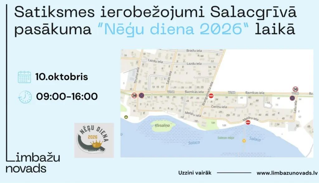 Satiksmes ierobežojumi Salacgrīvā «Nēģu diena 2026» laikā
