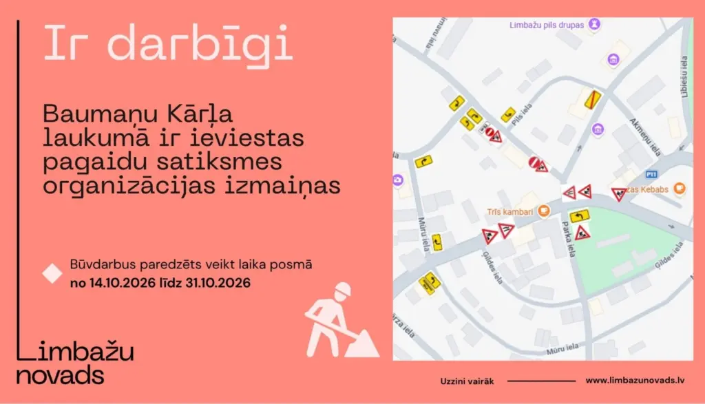 Satiksmes organizācijas izmaiņas Limbažos līdz 31. oktobrim